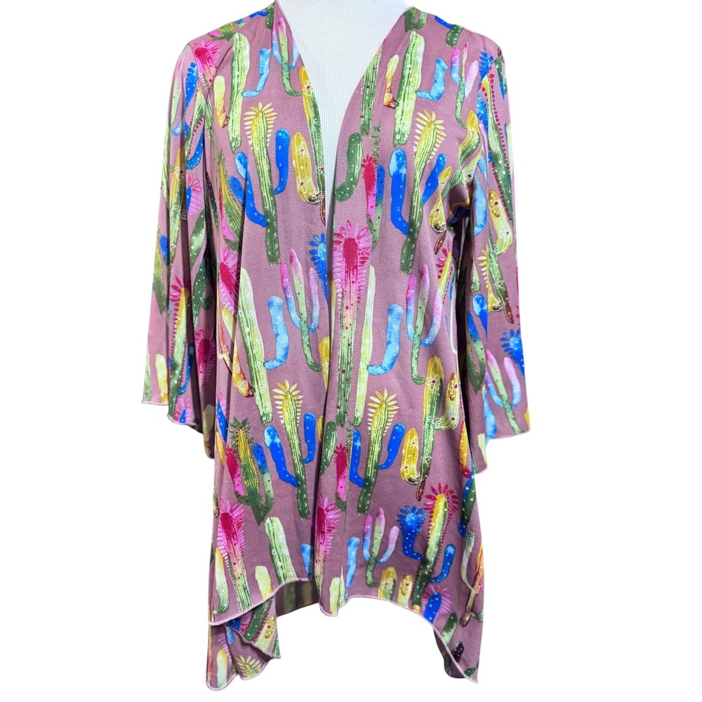 Lucky & Blessed Womens Size Medium Pink Cactus Print Boho Kimono Cardigan